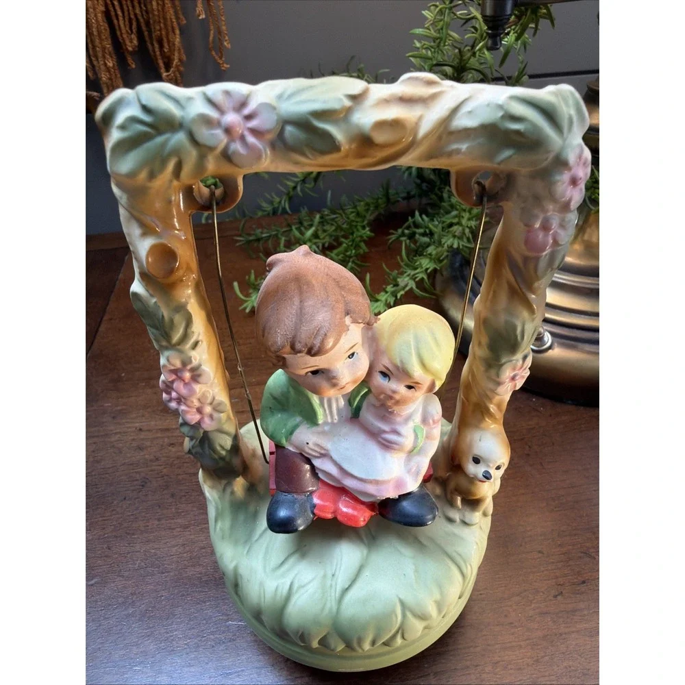 Vintage I. W. Rice Music Box Dog Boy & Girl On Swing 7 1/2